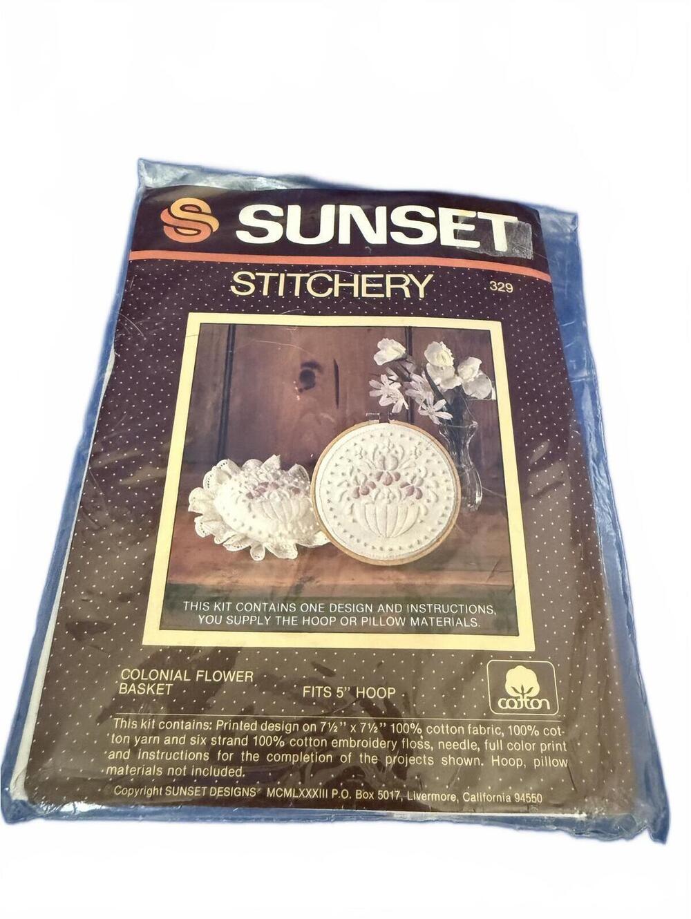 Vintage Sunset Colonial Flower Basket Embroidery Kit 1983